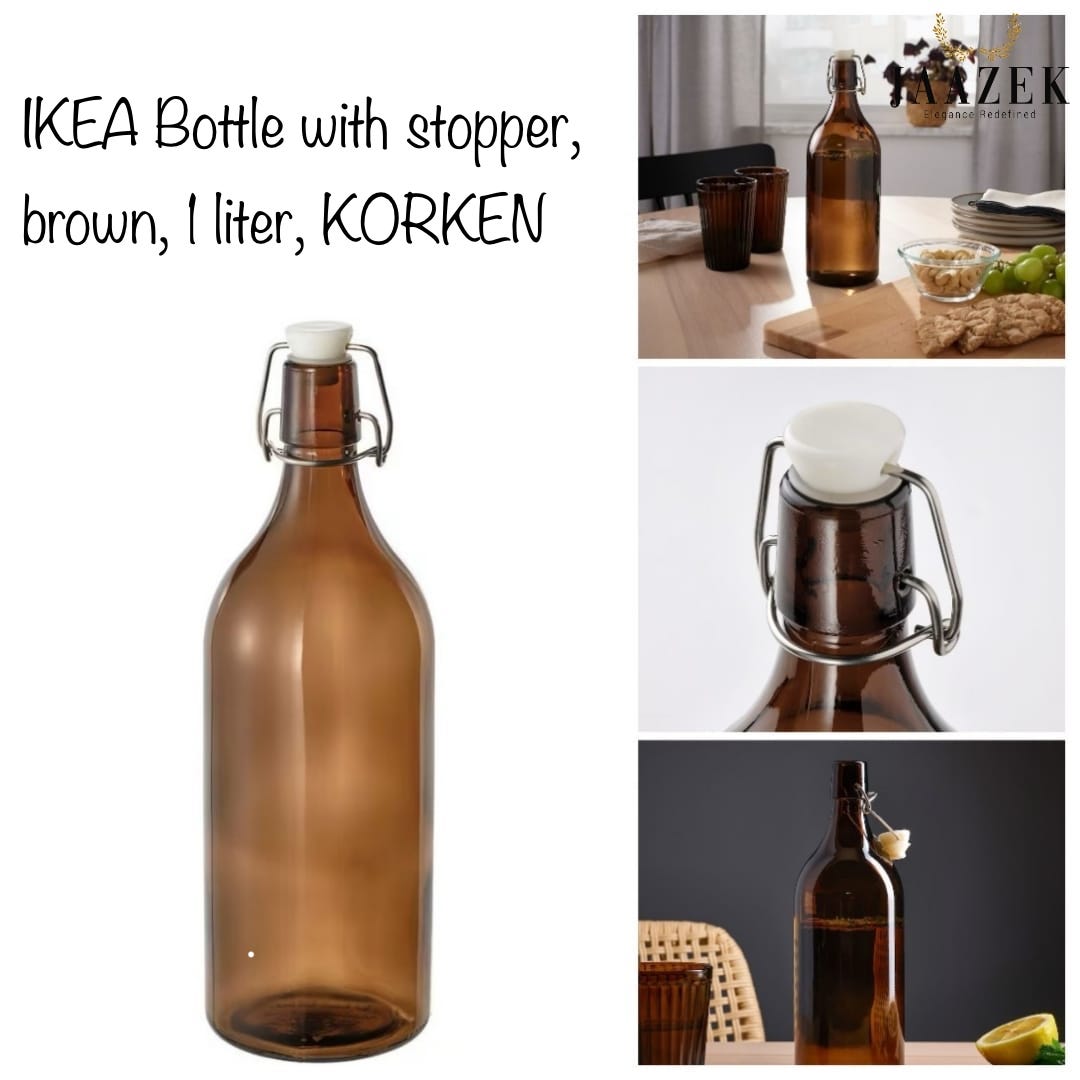 Glass Water Bottle with stopper clip Jug Brown printed Airtight Ikea 1 LITER